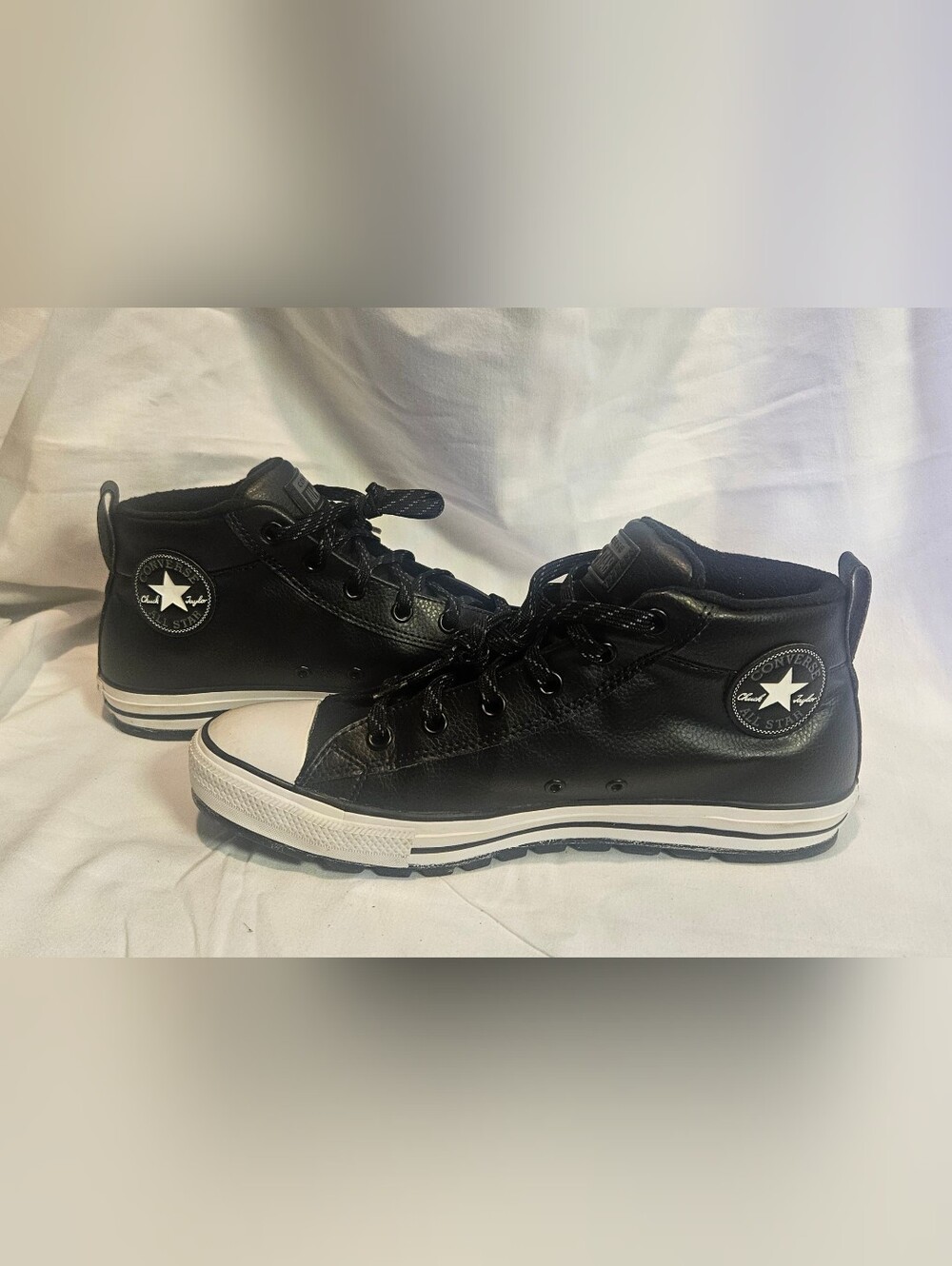 Converse Black Leather High-Top Sneakers with White Toe Mens Size 10 Womens Size
